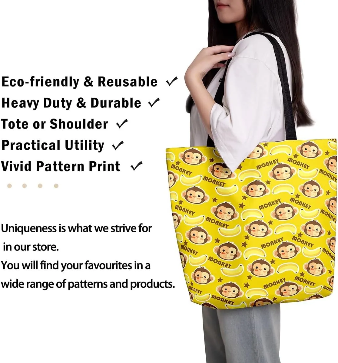 Cartoon Monkey Reusable Grocery Handbag,Cute Banana Print Canvas Tote Bag
