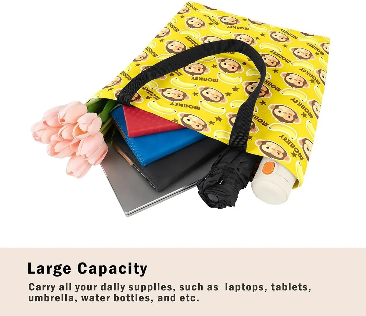 Cartoon Monkey Reusable Grocery Handbag,Cute Banana Print Canvas Tote Bag