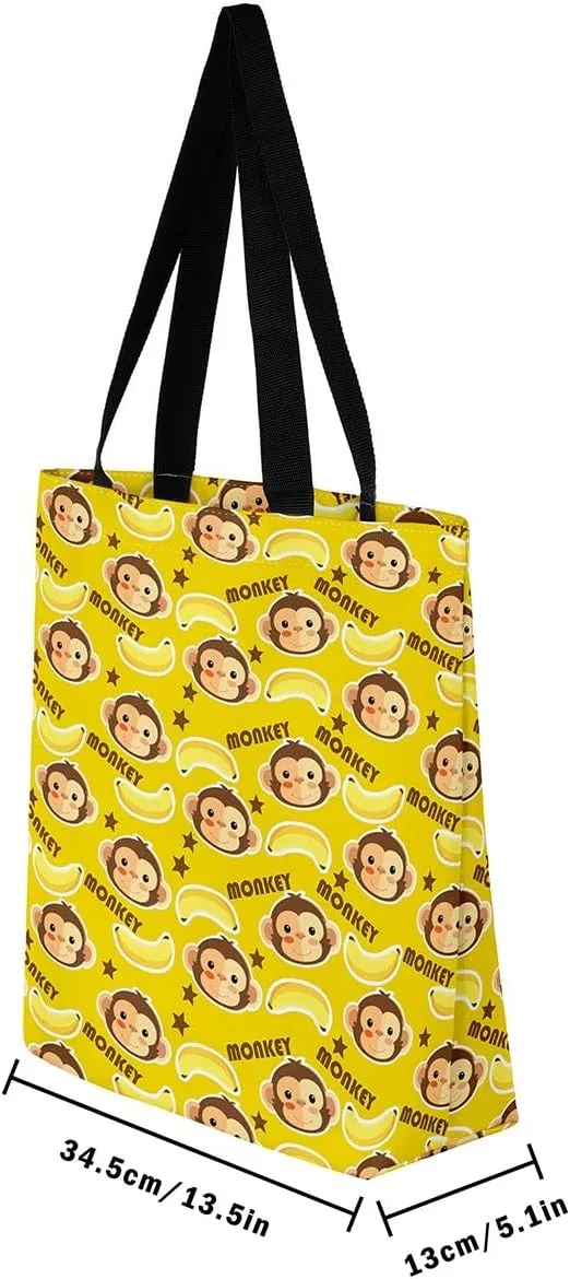 Cartoon Monkey Reusable Grocery Handbag,Cute Banana Print Canvas Tote Bag