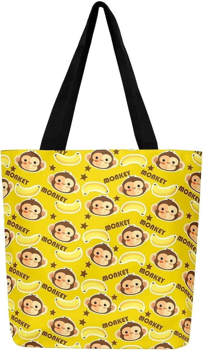 Cartoon Monkey Reusable Grocery Handbag,Cute Banana Print Canvas Tote Bag