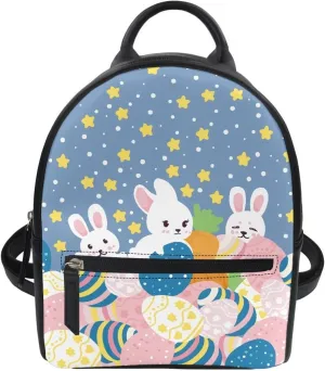 Cartoon Rabbit Eggs Mini Backpack for Girls Women PU Leather Backpack Purse with Adjustable Straps Zipper Casual Daypack Easter Day Back Pack Shoulder Bag
