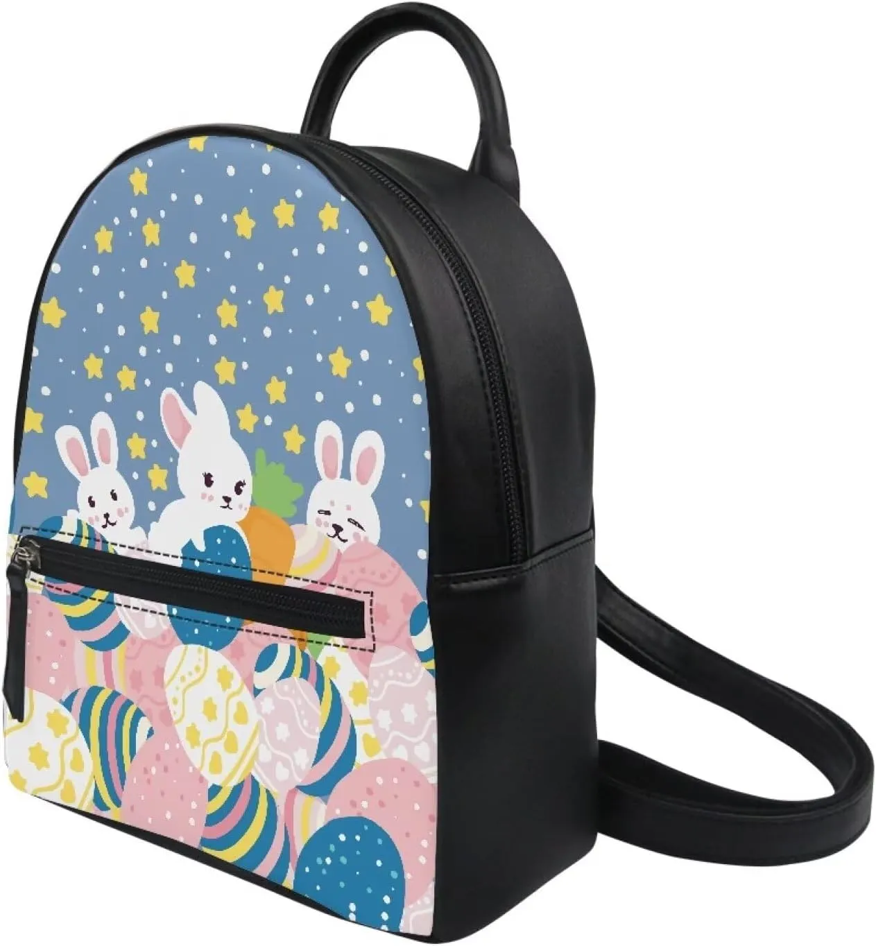 Cartoon Rabbit Eggs Mini Backpack for Girls Women PU Leather Backpack Purse with Adjustable Straps Zipper Casual Daypack Easter Day Back Pack Shoulder Bag