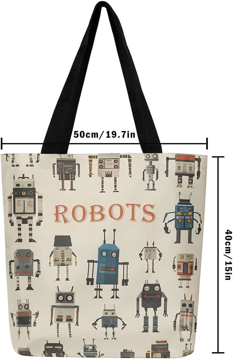 Cartoon Robot Canvas Tote Bag,Modern Sci-Fi Robot Large Capacity Shopping Gym Bag,Shoulder Handbags