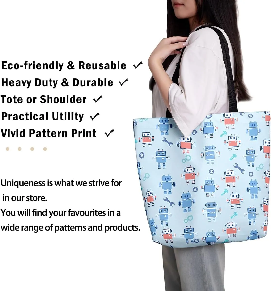 Cartoon Robot Canvas Tote Bag,Modern Sci-Fi Robot Large Capacity Shopping Gym Bag,Shoulder Handbags