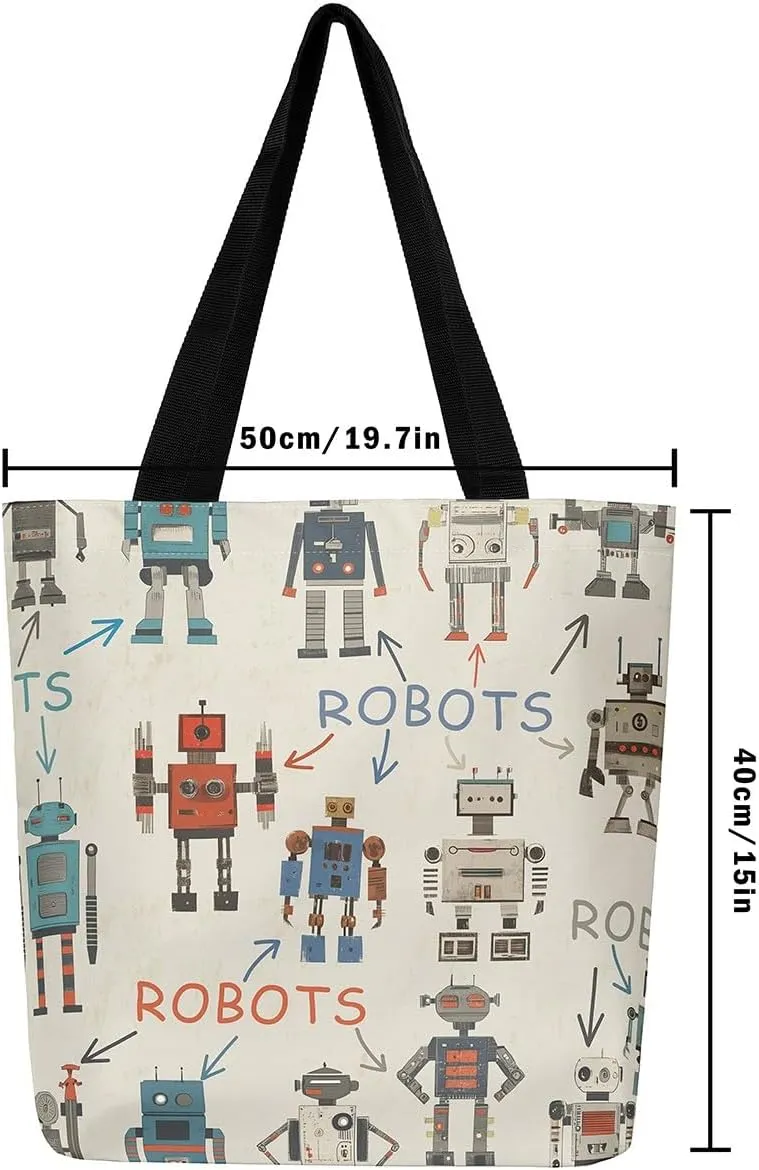 Cartoon Robot Canvas Tote Bag,Modern Sci-Fi Robot Large Capacity Shopping Gym Bag,Shoulder Handbags