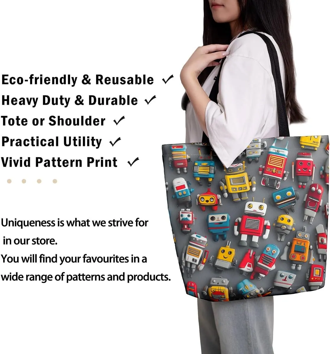 Cartoon Robot Canvas Tote Bag,Modern Sci-Fi Robot Large Capacity Shopping Gym Bag,Shoulder Handbags