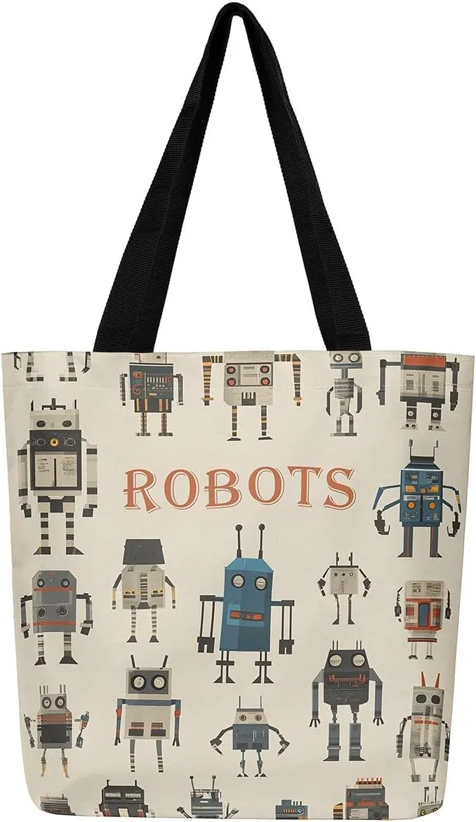 Cartoon Robot Canvas Tote Bag,Modern Sci-Fi Robot Large Capacity Shopping Gym Bag,Shoulder Handbags