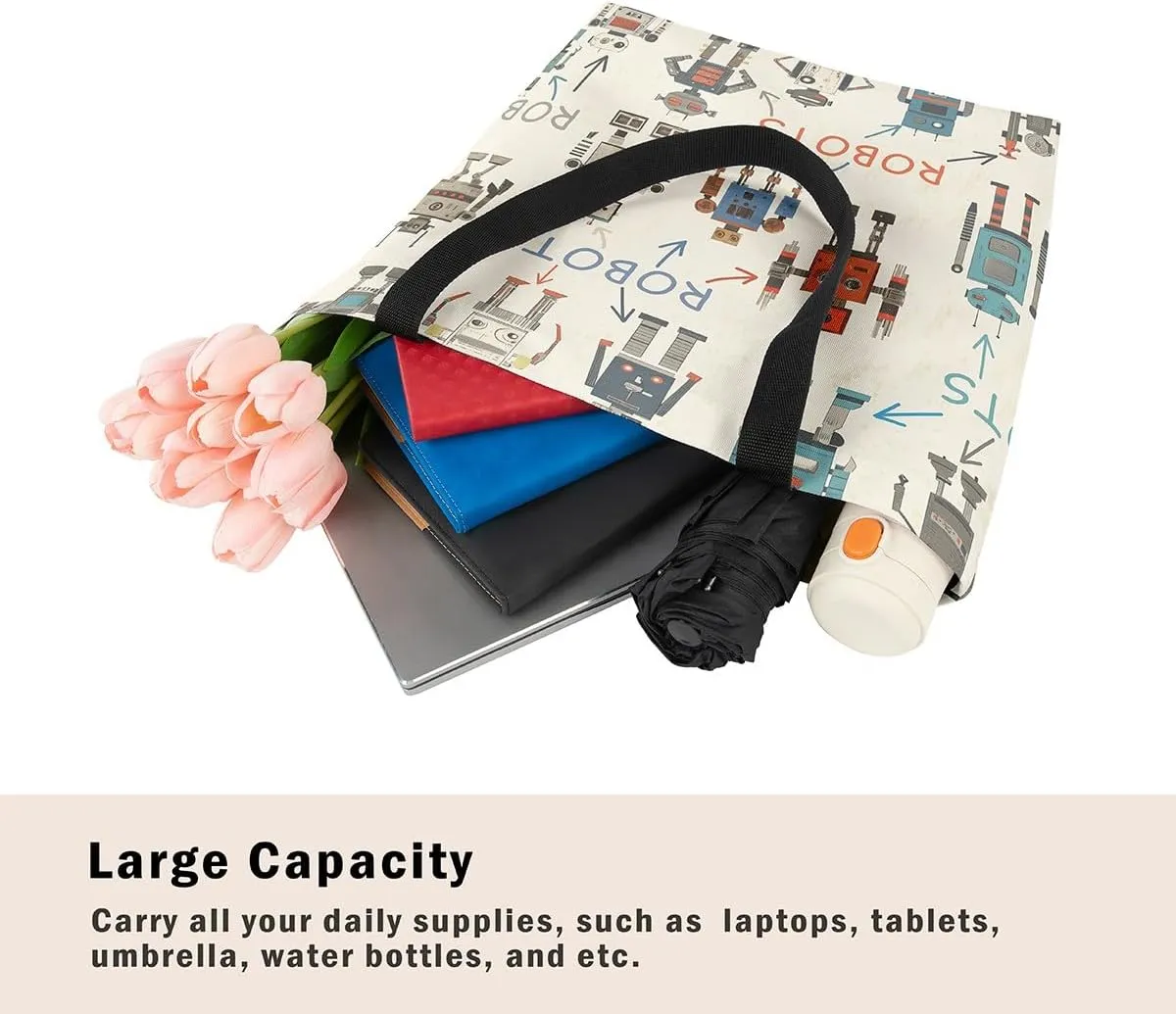 Cartoon Robot Canvas Tote Bag,Modern Sci-Fi Robot Large Capacity Shopping Gym Bag,Shoulder Handbags