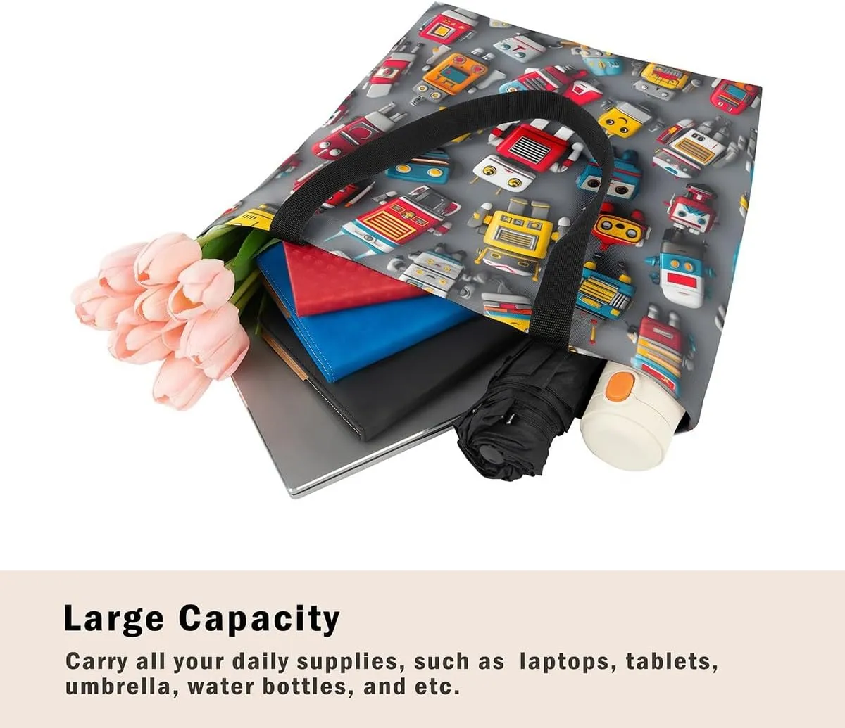 Cartoon Robot Canvas Tote Bag,Modern Sci-Fi Robot Large Capacity Shopping Gym Bag,Shoulder Handbags