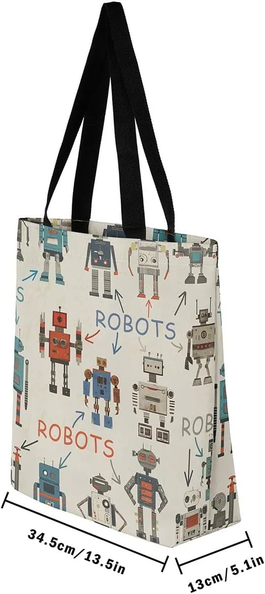 Cartoon Robot Canvas Tote Bag,Modern Sci-Fi Robot Large Capacity Shopping Gym Bag,Shoulder Handbags