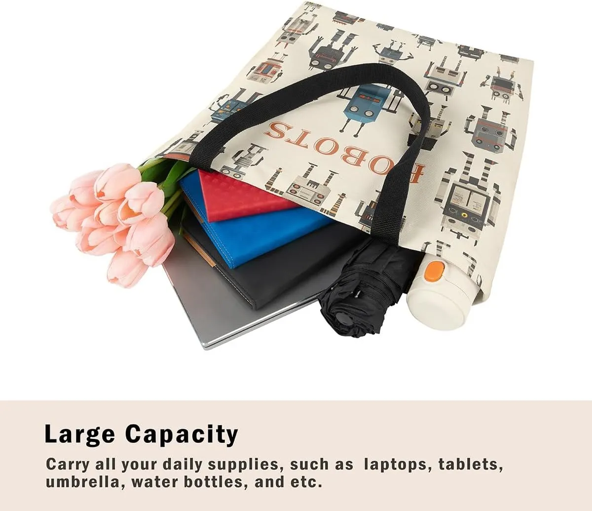 Cartoon Robot Canvas Tote Bag,Modern Sci-Fi Robot Large Capacity Shopping Gym Bag,Shoulder Handbags