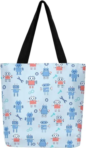 Cartoon Robot Canvas Tote Bag,Modern Sci-Fi Robot Large Capacity Shopping Gym Bag,Shoulder Handbags