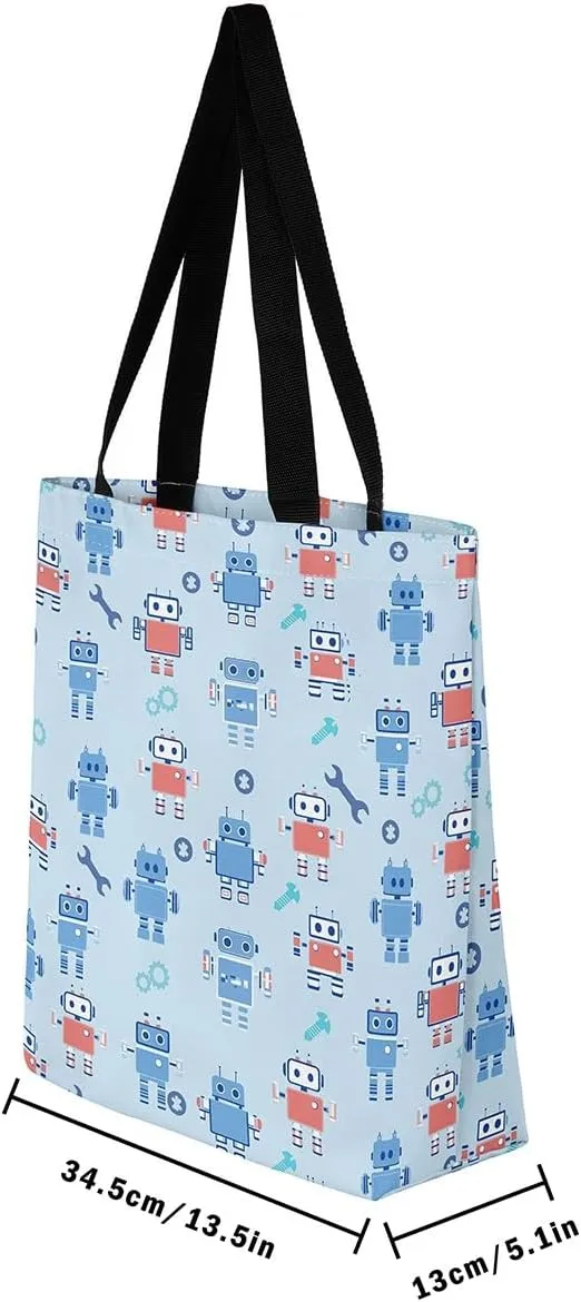 Cartoon Robot Canvas Tote Bag,Modern Sci-Fi Robot Large Capacity Shopping Gym Bag,Shoulder Handbags