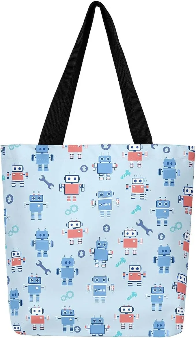 Cartoon Robot Canvas Tote Bag,Modern Sci-Fi Robot Large Capacity Shopping Gym Bag,Shoulder Handbags