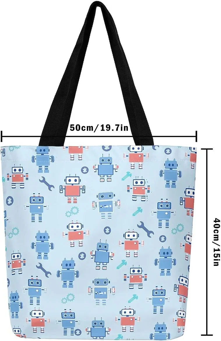 Cartoon Robot Canvas Tote Bag,Modern Sci-Fi Robot Large Capacity Shopping Gym Bag,Shoulder Handbags