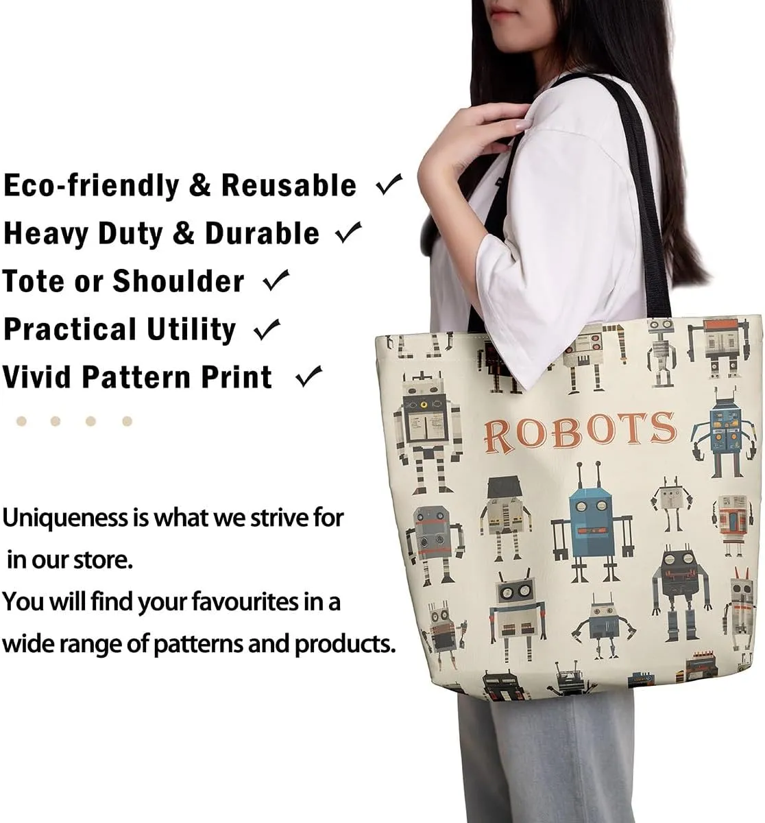 Cartoon Robot Canvas Tote Bag,Modern Sci-Fi Robot Large Capacity Shopping Gym Bag,Shoulder Handbags