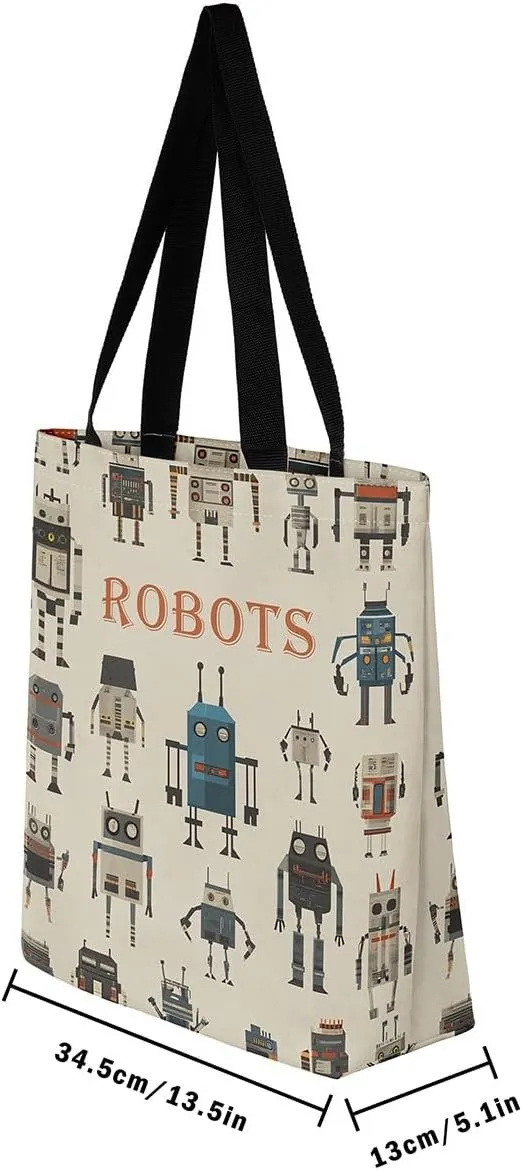 Cartoon Robot Canvas Tote Bag,Modern Sci-Fi Robot Large Capacity Shopping Gym Bag,Shoulder Handbags