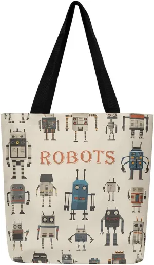 Cartoon Robot Canvas Tote Bag,Modern Sci-Fi Robot Large Capacity Shopping Gym Bag,Shoulder Handbags