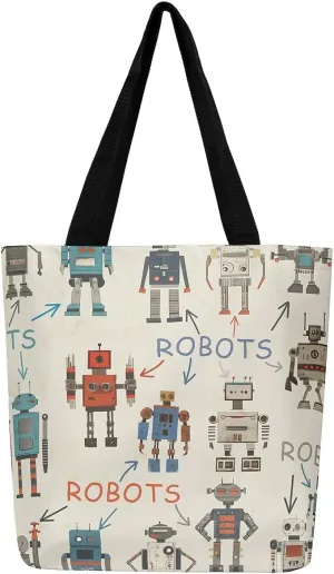 Cartoon Robot Canvas Tote Bag,Modern Sci-Fi Robot Large Capacity Shopping Gym Bag,Shoulder Handbags