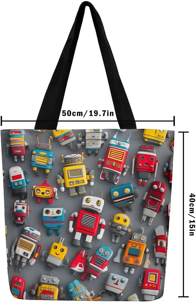 Cartoon Robot Canvas Tote Bag,Modern Sci-Fi Robot Large Capacity Shopping Gym Bag,Shoulder Handbags