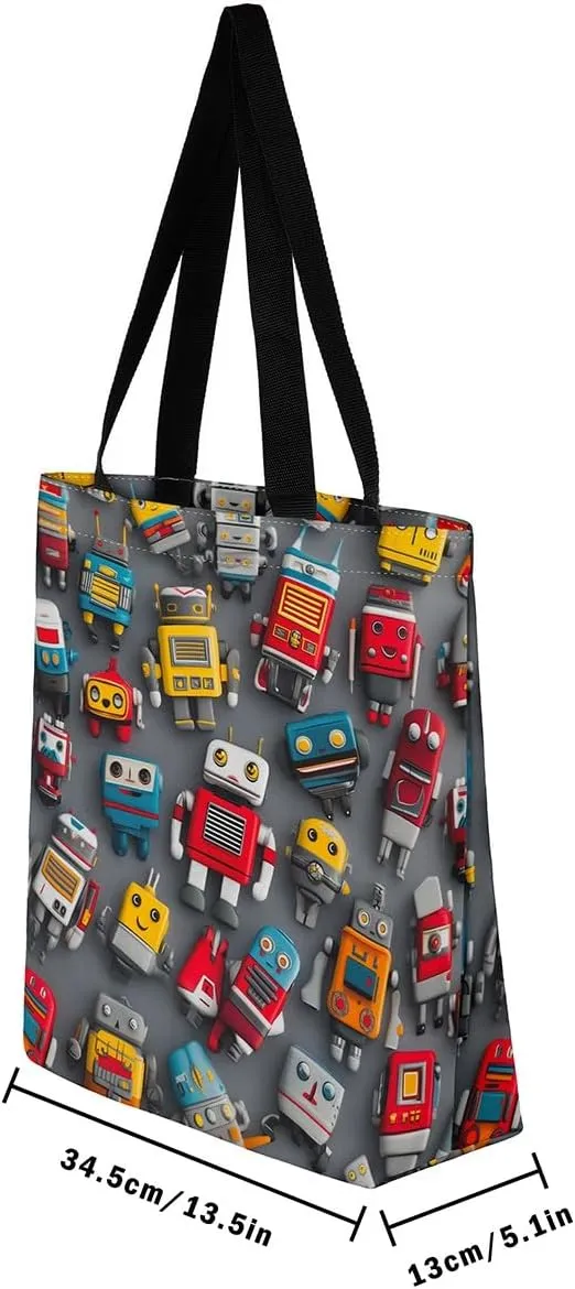 Cartoon Robot Canvas Tote Bag,Modern Sci-Fi Robot Large Capacity Shopping Gym Bag,Shoulder Handbags