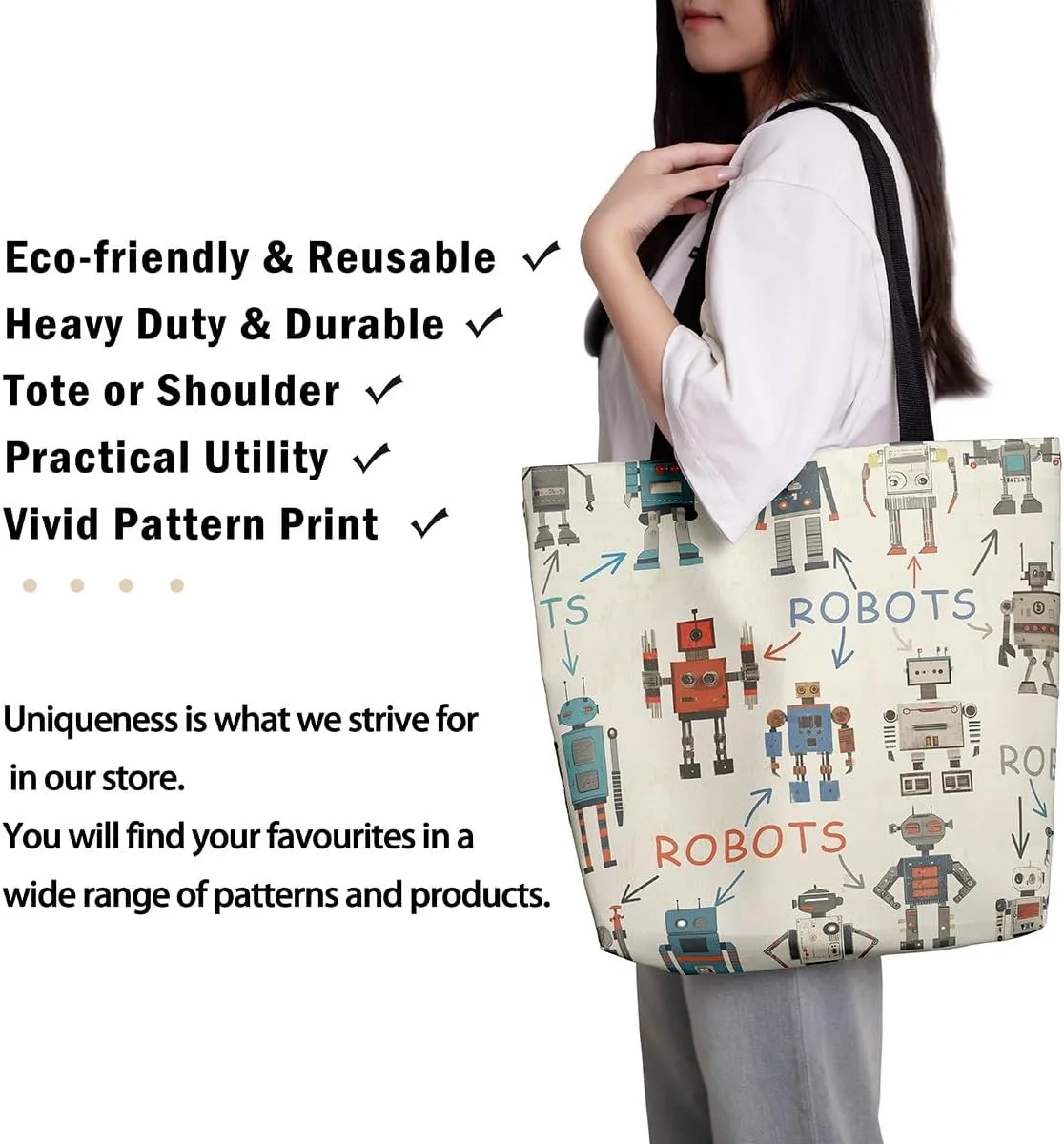 Cartoon Robot Canvas Tote Bag,Modern Sci-Fi Robot Large Capacity Shopping Gym Bag,Shoulder Handbags