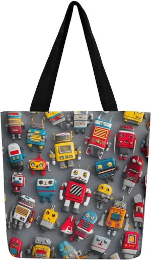Cartoon Robot Canvas Tote Bag,Modern Sci-Fi Robot Large Capacity Shopping Gym Bag,Shoulder Handbags