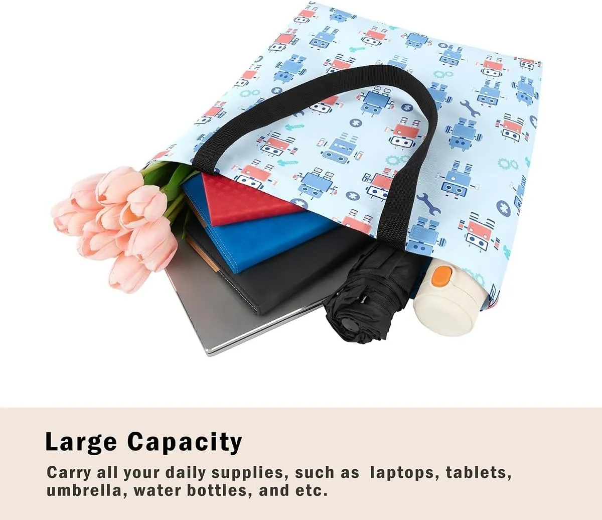 Cartoon Robot Canvas Tote Bag,Modern Sci-Fi Robot Large Capacity Shopping Gym Bag,Shoulder Handbags