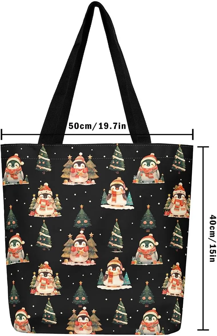 Cartoon Snowman Canvas Bag,Merry Christmas Shoulder Handbags 19.7x15.7 Inch,Xmas Winter Snowflake Canvas Tote Bag