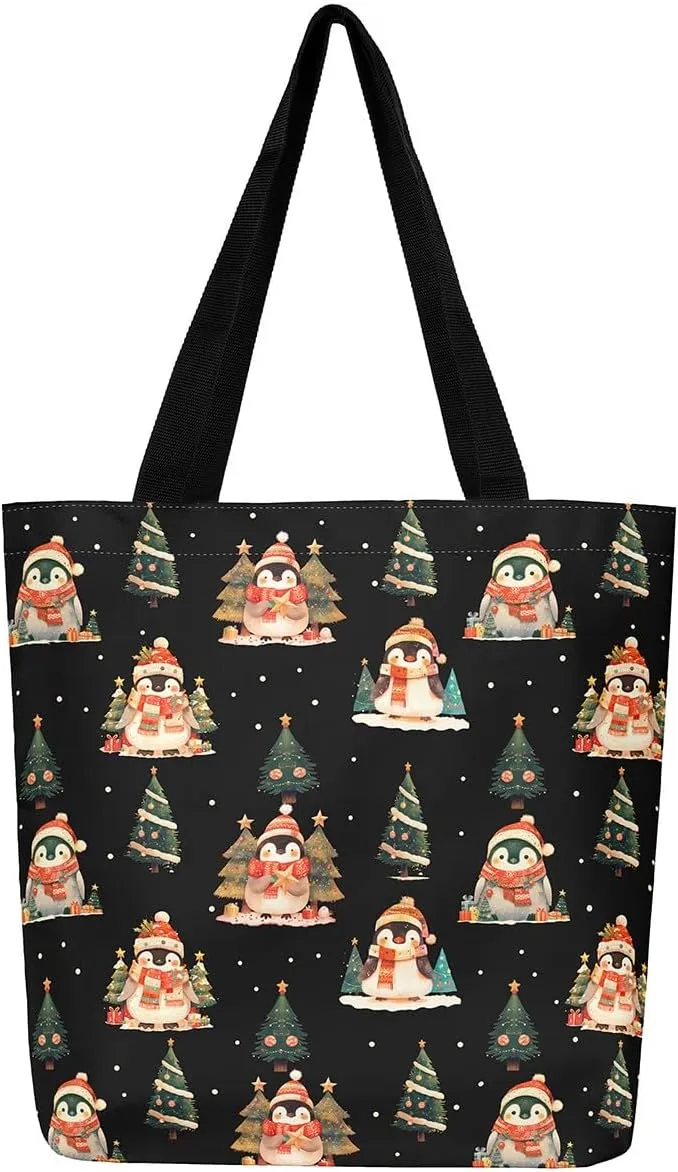 Cartoon Snowman Canvas Bag,Merry Christmas Shoulder Handbags 19.7x15.7 Inch,Xmas Winter Snowflake Canvas Tote Bag
