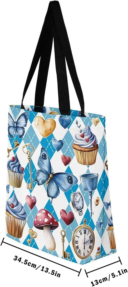 Castle Fairy Dessert Fruit Print Canvas Tote Bag,Cartoon Theme Shoulder Handbags for Shopping Gym,Large Capacity Bags