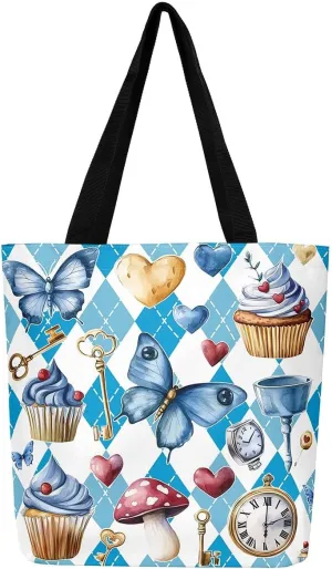 Castle Fairy Dessert Fruit Print Canvas Tote Bag,Cartoon Theme Shoulder Handbags for Shopping Gym,Large Capacity Bags