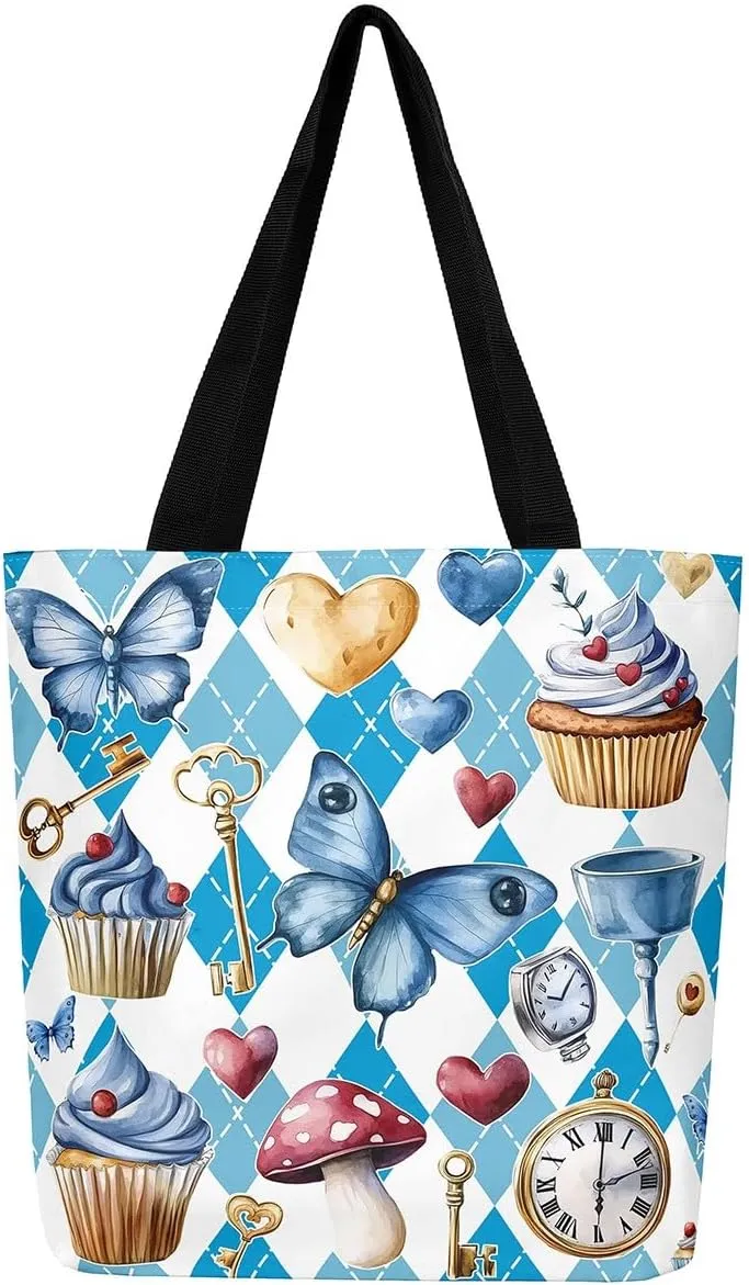 Castle Fairy Dessert Fruit Print Canvas Tote Bag,Cartoon Theme Shoulder Handbags for Shopping Gym,Large Capacity Bags