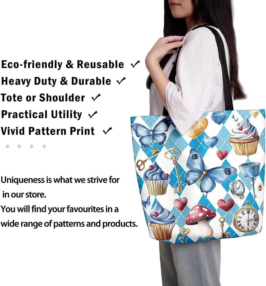 Castle Fairy Dessert Fruit Print Canvas Tote Bag,Cartoon Theme Shoulder Handbags for Shopping Gym,Large Capacity Bags