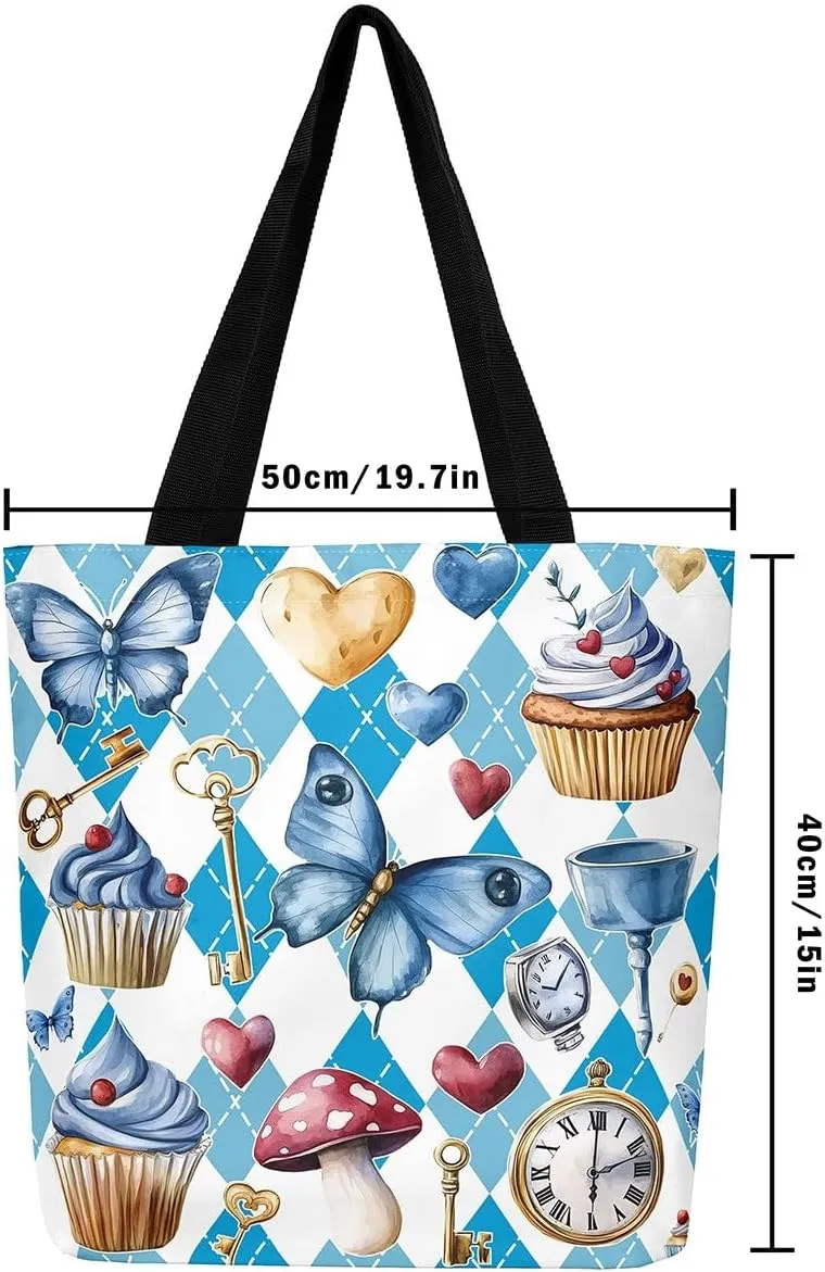 Castle Fairy Dessert Fruit Print Canvas Tote Bag,Cartoon Theme Shoulder Handbags for Shopping Gym,Large Capacity Bags