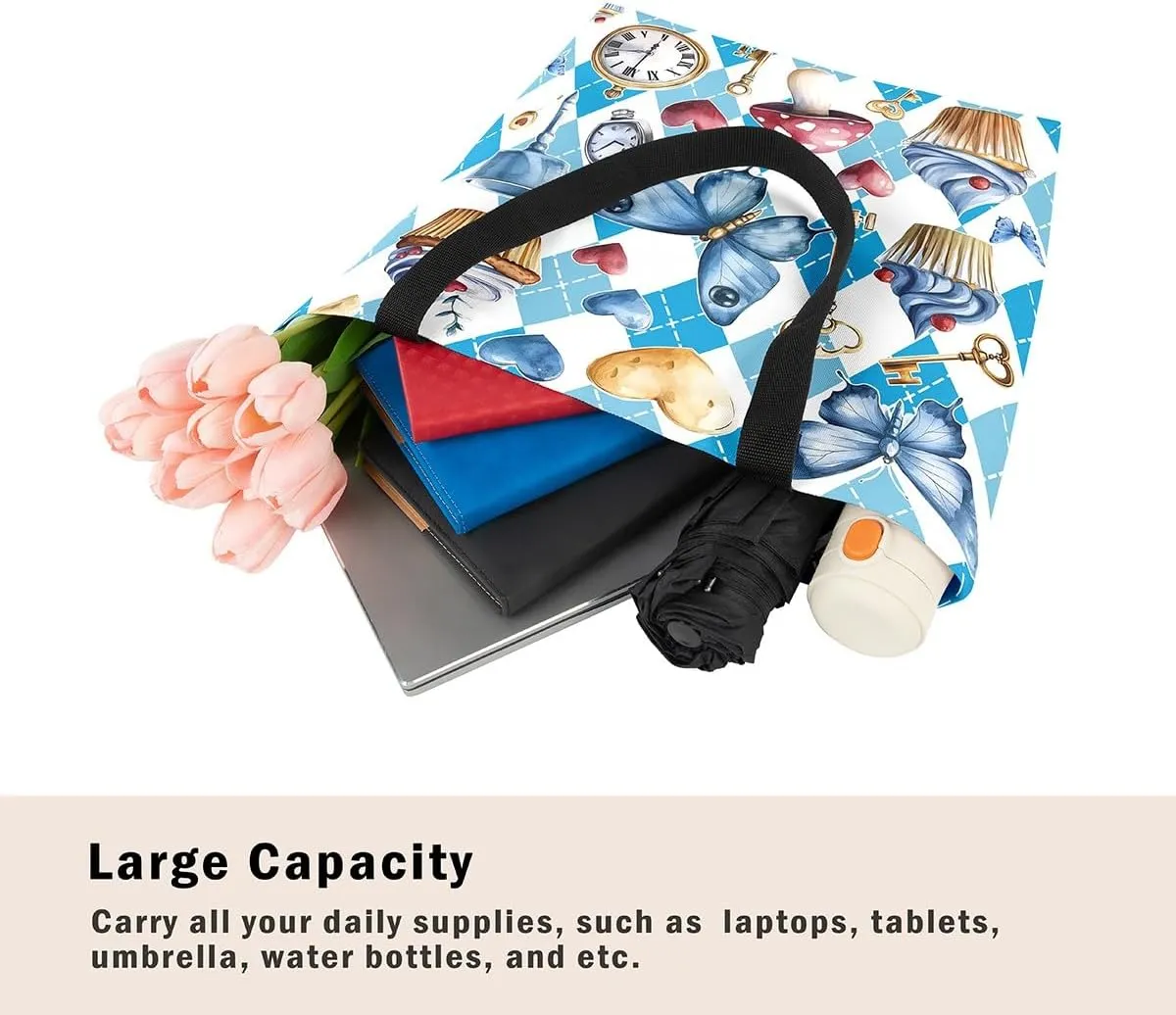 Castle Fairy Dessert Fruit Print Canvas Tote Bag,Cartoon Theme Shoulder Handbags for Shopping Gym,Large Capacity Bags