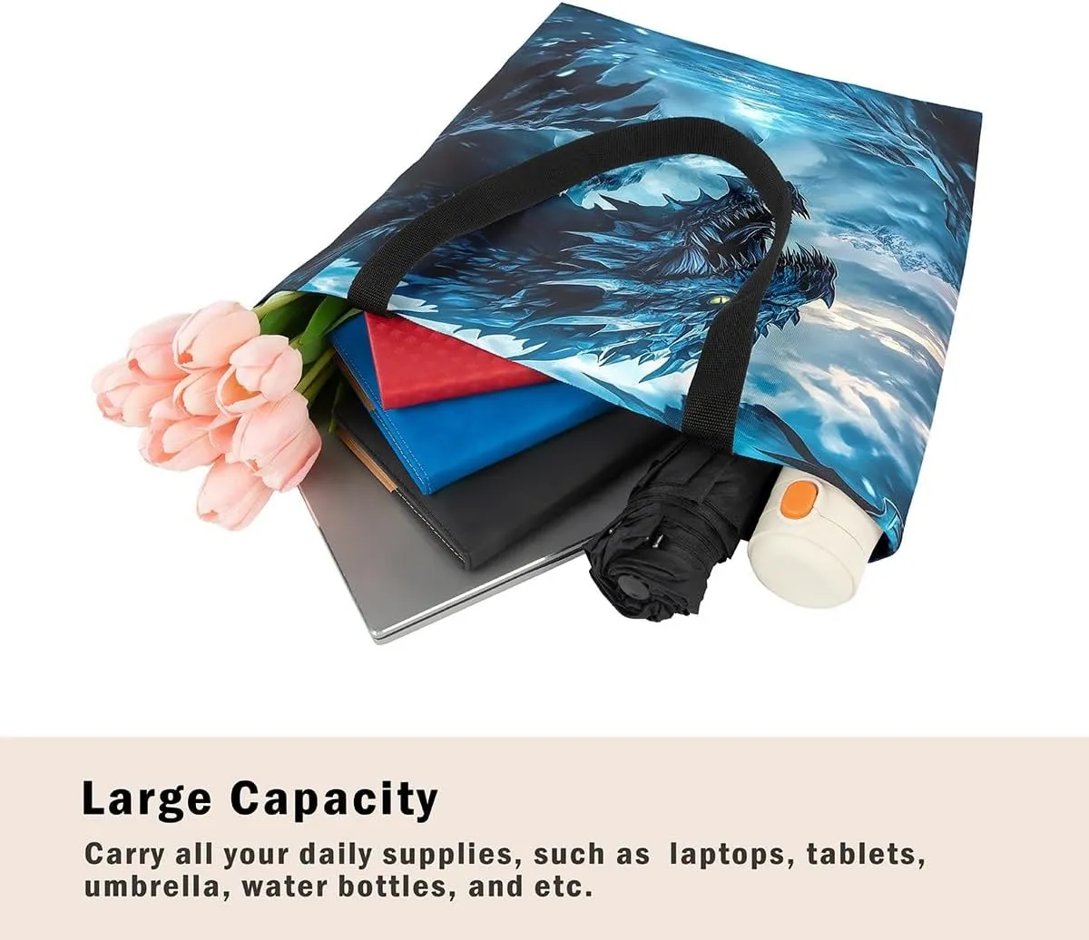 Castle Fairy Dragon Canvas Tote Bag,Western Wildlife Animals Aesthetic Shoulder Handbags for Shopping Gym,Reusable