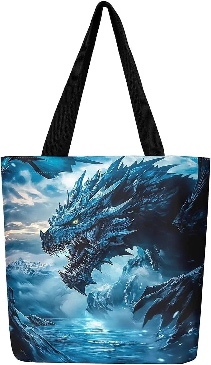 Castle Fairy Dragon Canvas Tote Bag,Western Wildlife Animals Aesthetic Shoulder Handbags for Shopping Gym,Reusable