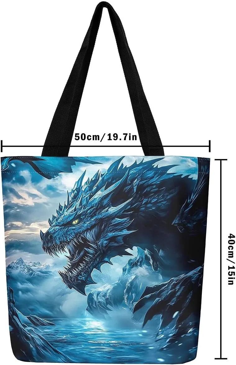 Castle Fairy Dragon Canvas Tote Bag,Western Wildlife Animals Aesthetic Shoulder Handbags for Shopping Gym,Reusable