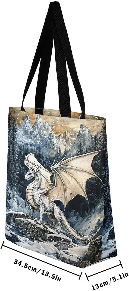Castle Fairy Dragon Canvas Tote Bag,Western Wildlife Animals Aesthetic Shoulder Handbags for Shopping Gym,Reusable
