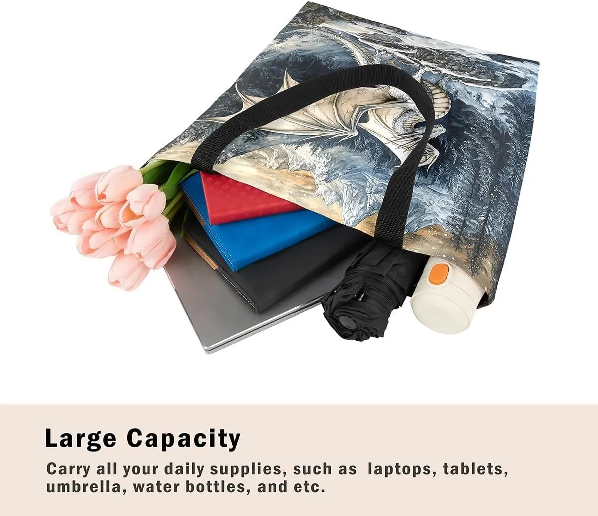Castle Fairy Dragon Canvas Tote Bag,Western Wildlife Animals Aesthetic Shoulder Handbags for Shopping Gym,Reusable