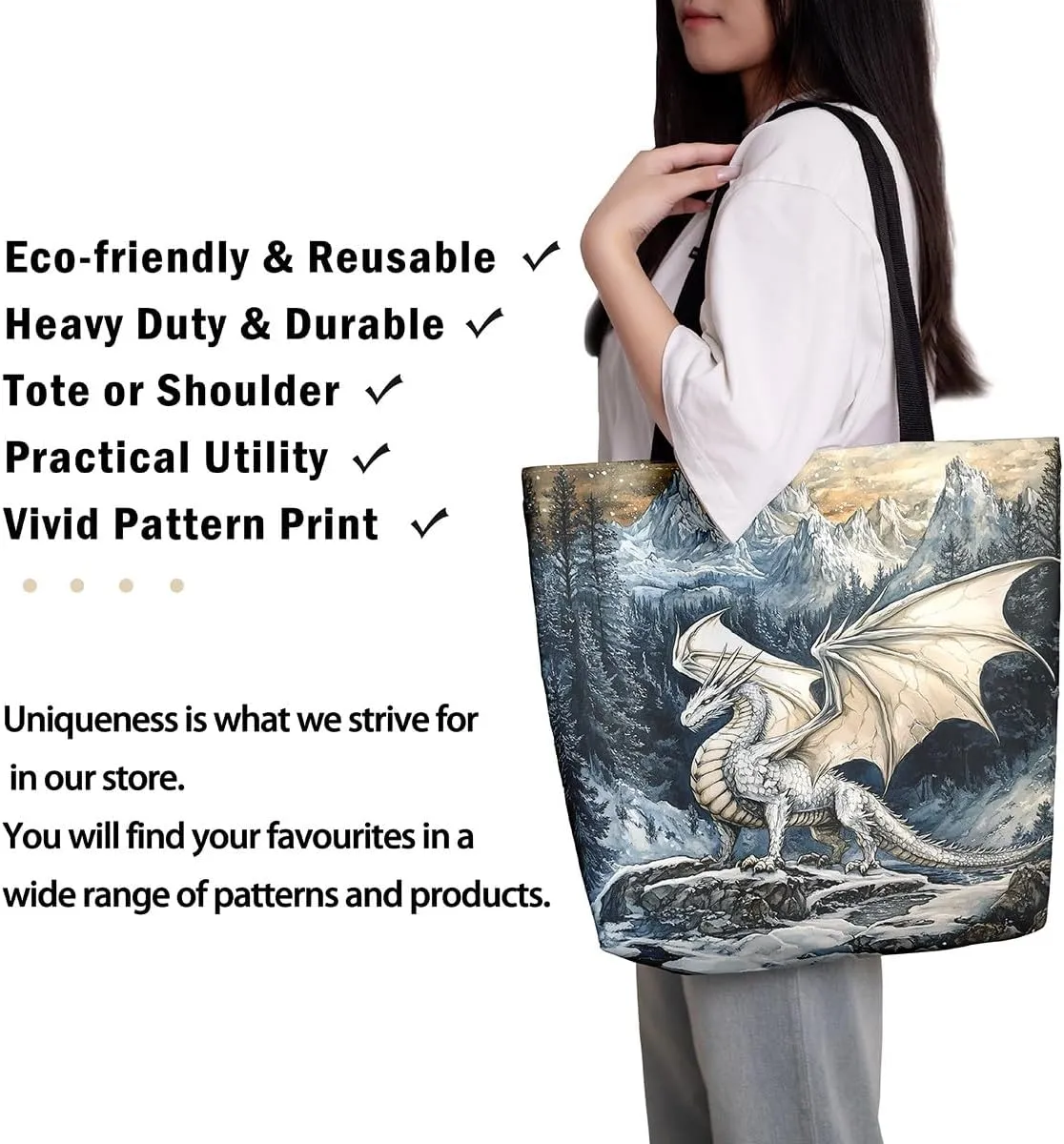 Castle Fairy Dragon Canvas Tote Bag,Western Wildlife Animals Aesthetic Shoulder Handbags for Shopping Gym,Reusable