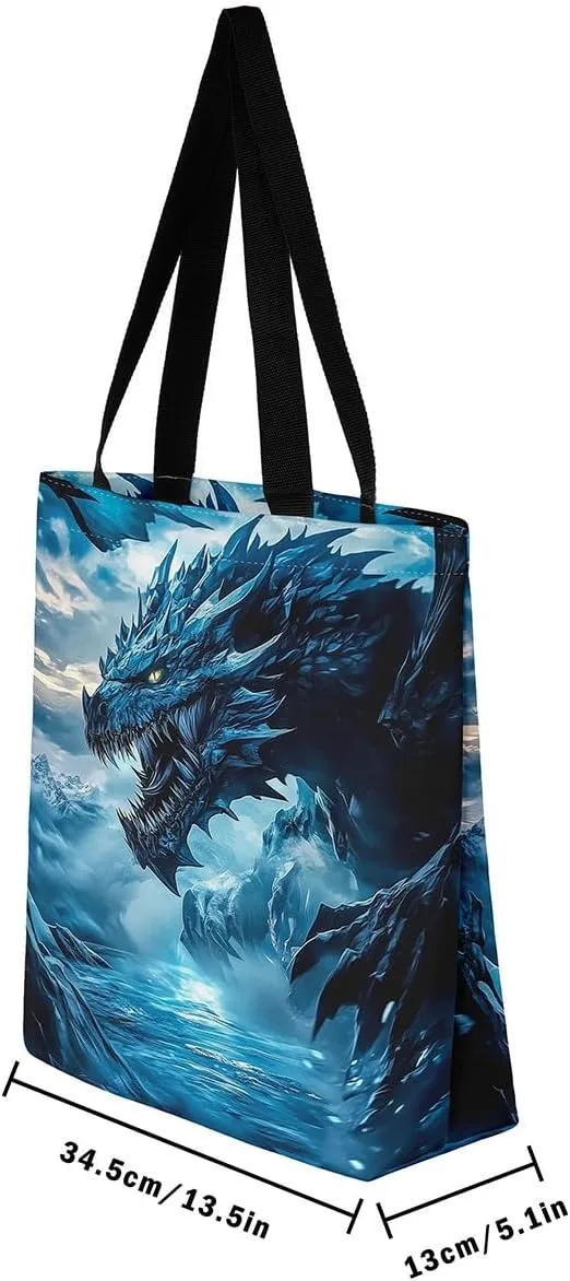 Castle Fairy Dragon Canvas Tote Bag,Western Wildlife Animals Aesthetic Shoulder Handbags for Shopping Gym,Reusable