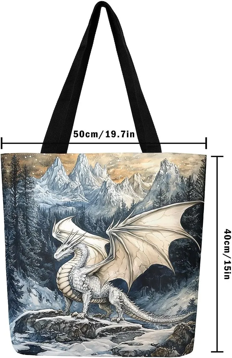 Castle Fairy Dragon Canvas Tote Bag,Western Wildlife Animals Aesthetic Shoulder Handbags for Shopping Gym,Reusable