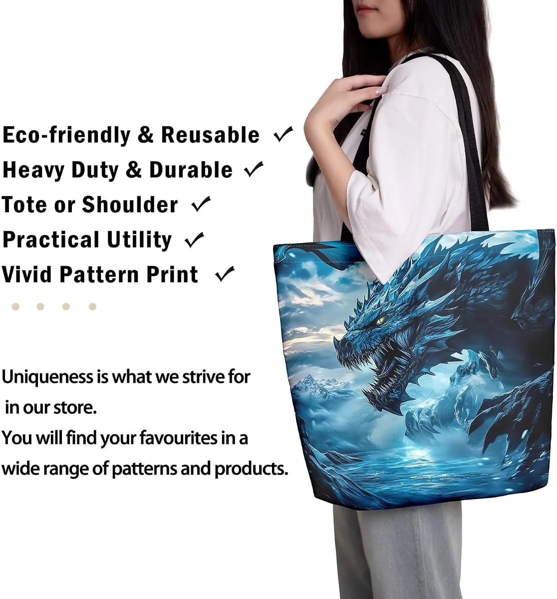 Castle Fairy Dragon Canvas Tote Bag,Western Wildlife Animals Aesthetic Shoulder Handbags for Shopping Gym,Reusable
