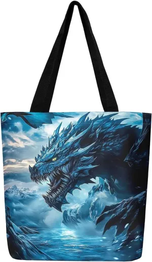 Castle Fairy Dragon Canvas Tote Bag,Western Wildlife Animals Aesthetic Shoulder Handbags for Shopping Gym,Reusable