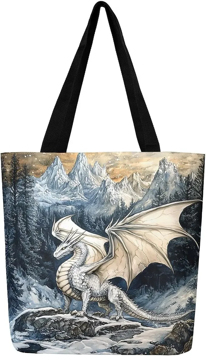 Castle Fairy Dragon Canvas Tote Bag,Western Wildlife Animals Aesthetic Shoulder Handbags for Shopping Gym,Reusable