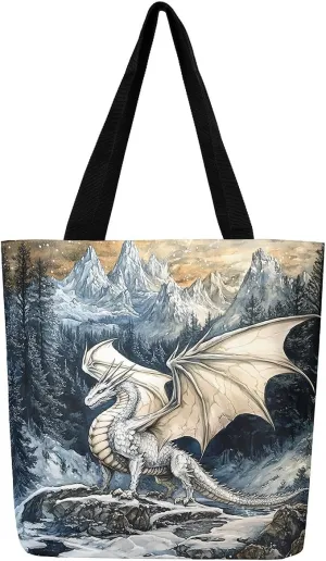 Castle Fairy Dragon Canvas Tote Bag,Western Wildlife Animals Aesthetic Shoulder Handbags for Shopping Gym,Reusable