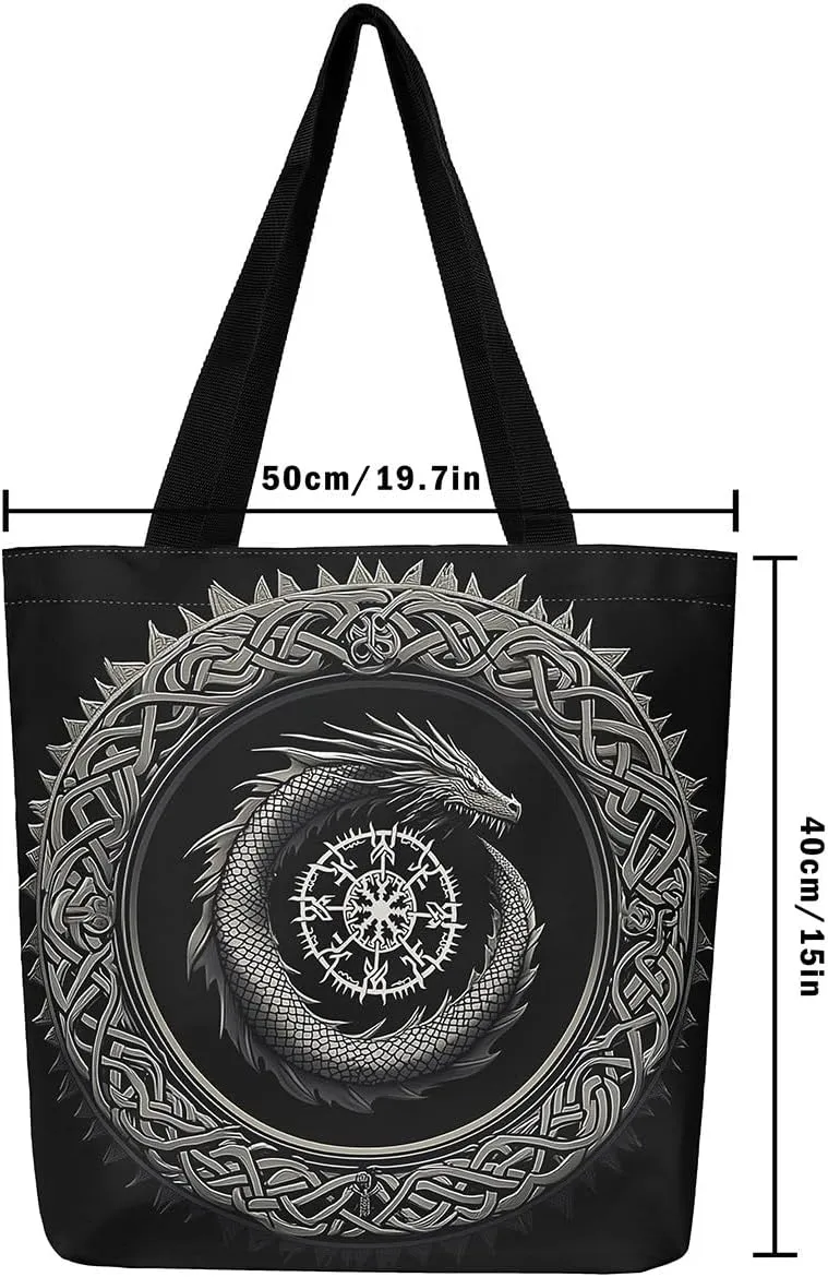 Castle Fairy Dragon Phoenix Canvas Tote Bag 19.7x5.1 Inch Animal Decor Shoulder Handbags for Shopping Gym