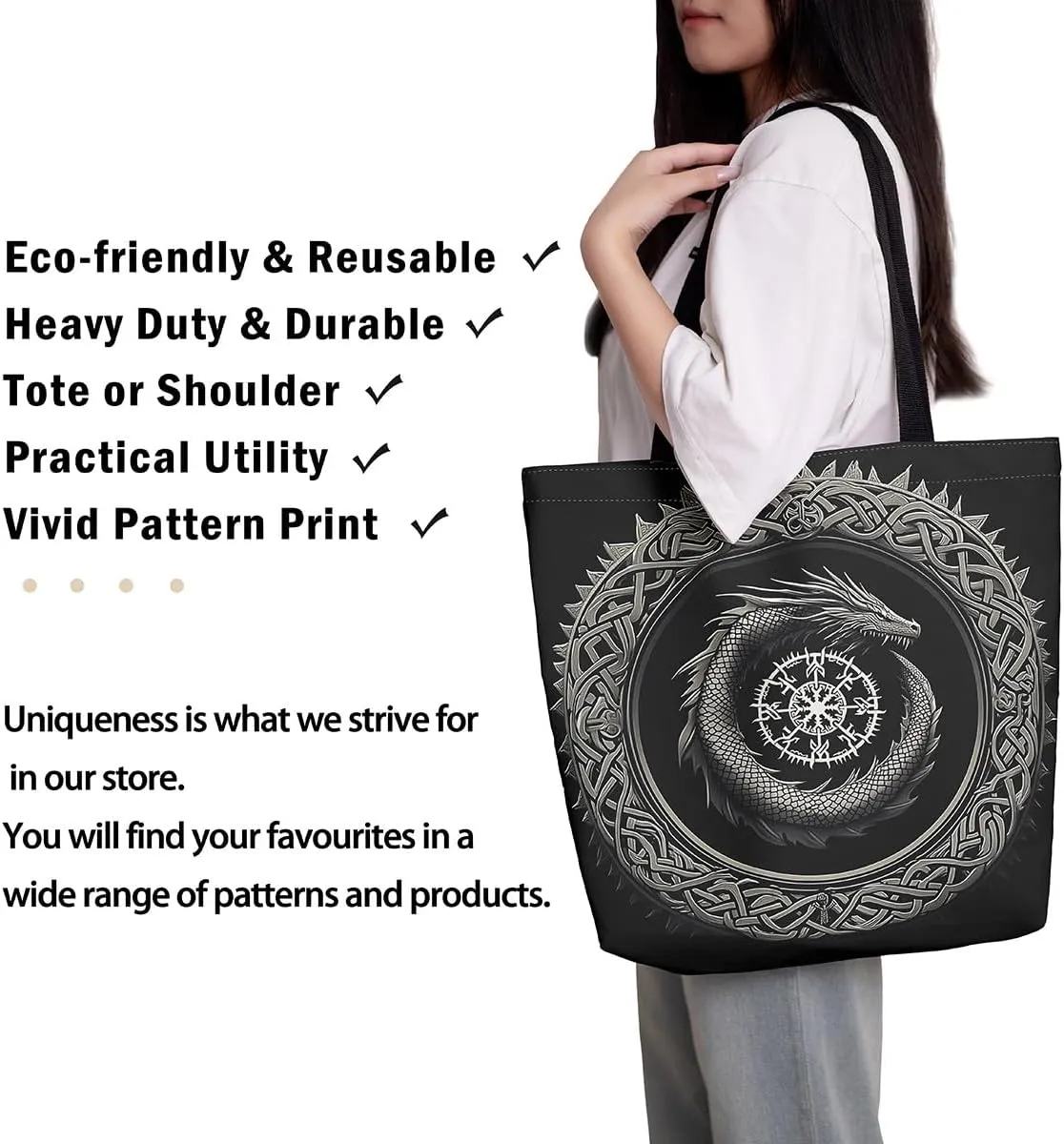 Castle Fairy Dragon Phoenix Canvas Tote Bag 19.7x5.1 Inch Animal Decor Shoulder Handbags for Shopping Gym